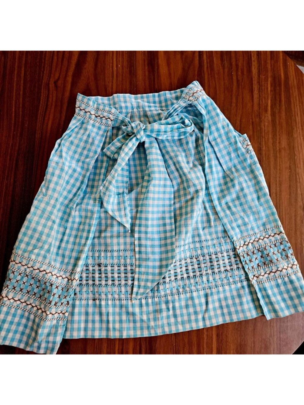 Vintage Handmade Turquoise Gingham Half Apron Hand Embroidery Rickrack Cotton - Picture 11 of 16